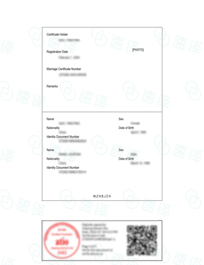 Translation of marriage certificates from mainland China by ATIO, Ontario, Canada